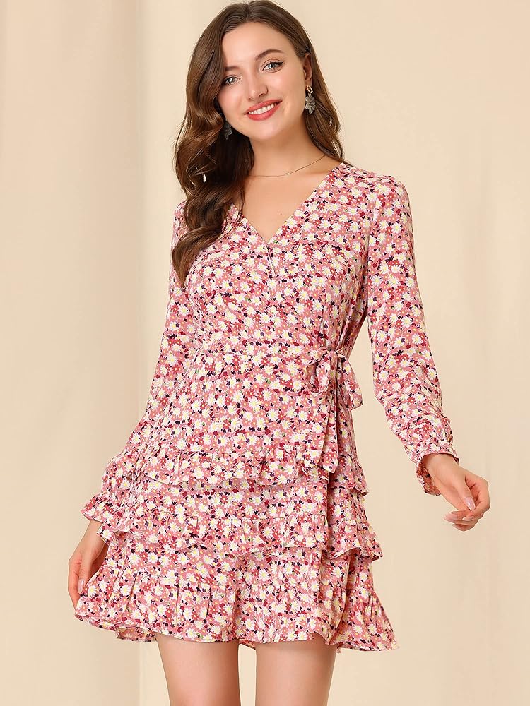 Allegra K Women's Floral V-Neck Tie Waist Long Sleeve
